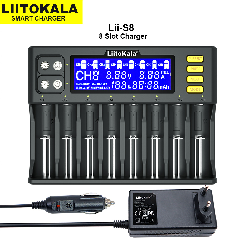 Liitokala Lii-S8 Lii-PD4 Li-ion 3.7V NiMH 1.2V Li-FePO4 3.2V IMR 3.8V สําหรับ 18650 26650 21700
