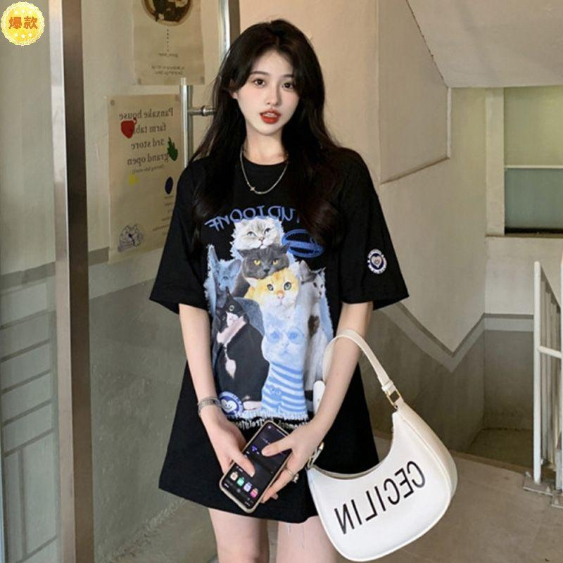 [L-4XL] เสื้อยืดแขนสั้นลําลอง พิมพ์ลายแมว ทรงหลวม ขนาดใหญ่ สําหรับผู้หญิง ไซซ์