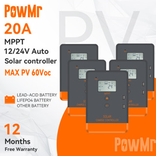 Powmr 20A MPPT แผงควบคุมแรงดันไฟฟ้า พลังงานแสงอาทิตย์ 12V 24V หน้าจอ LCD รองรับแบตเตอรี่ Li 5 ชิ้น 5 ชิ้น