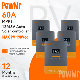 Powmr ใหม่ล่าสุด MPPT ตัวควบคุมการเก็บประจุพลังงานแสงอาทิตย์ 60A 12V 24V 36V 48V อินพุต PV 190VDC รองรับแบตเตอรี่ลิเธียม สีดํา 5 ชิ้น