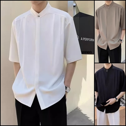 เสื้อเชิ้ตสีพื้นแฟชั่นสไตล์เกาหลีสําหรับผู้ชายอินเทรนด์ทุกการแข่งขันเรียบง่ายหลวมสไตล์จีนคอตั้งเสื้อเชิ้ตแขนสั้นลําลองสําหร