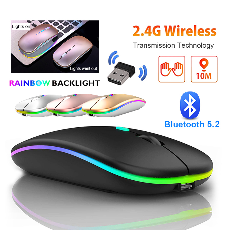 เมาส์ออปติคอลเล่นเกมไร้สาย บลูทูธ 5.1 2.4GHz 800-1600DPI เสียงเงียบ มีไฟแบ็คไลท์ LED สลับได้ สําหรับ PC แล็ปท็อป คอมพิวเตอร์
