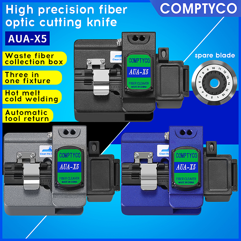 Comptyco AUA-X5 เครื่องตัดไฟเบอร์ออปติก ละลายร้อน เย็น ความแม่นยําสูง ตัดสายเคเบิล การกําหนดค่าย้อนกลับอัตโนมัติ ป้องกันการหล่น ถุง Fiber Cleaver