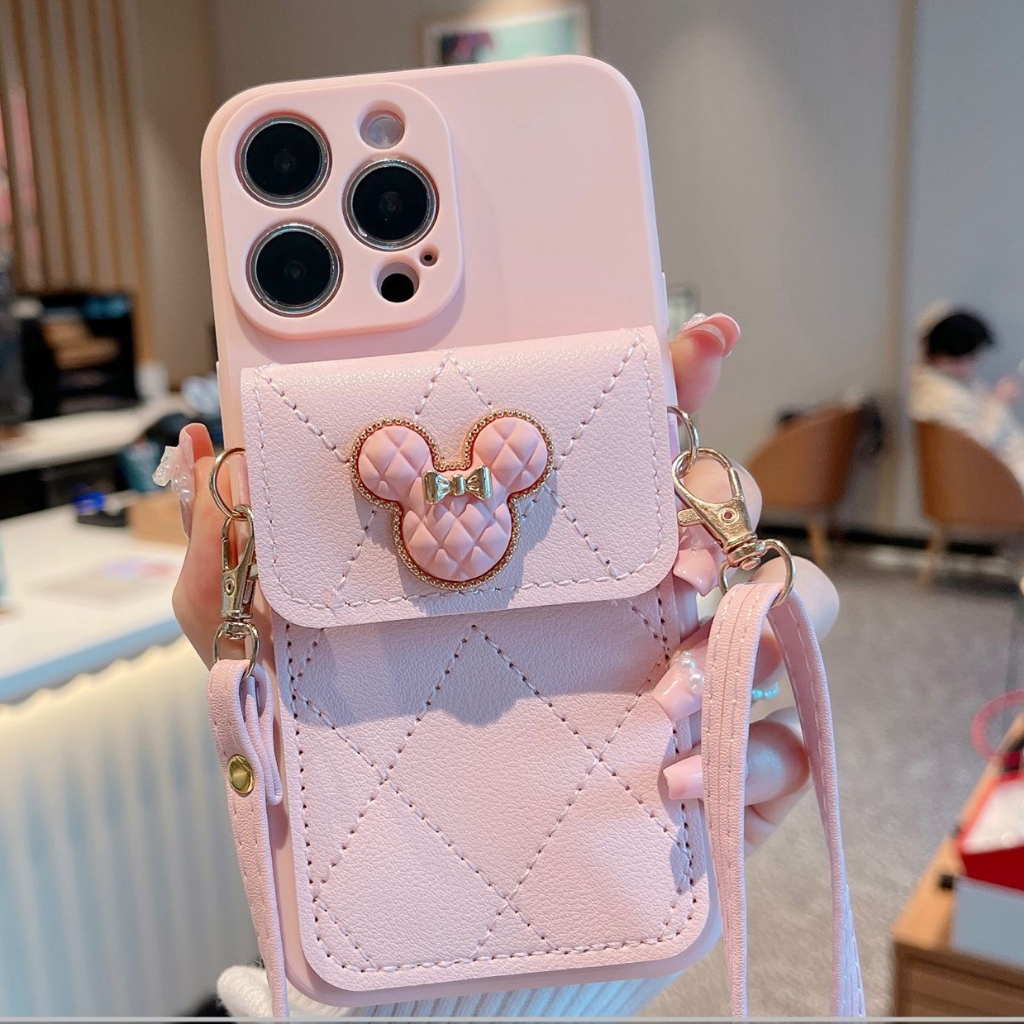 Insสาวสีชมพูสีดําสีม่วงสีขาวmickeyหัวยาวสายกระเป๋านุ่มtpuเคสโทรศัพท์สําหรับiphone 16 15 14pro Max 14plus 13 Pro Max 7plus 8 8 Plus Xr X Xs Max 11 12 Pro 12pro Max