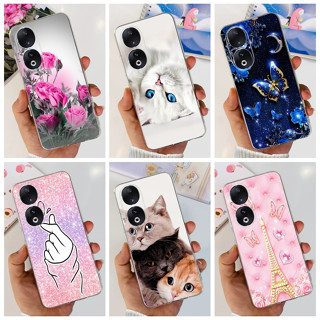 เคสโทรศัพท์ซิลิโคน TPU แบบนิ่ม ลายดอกไม้ และแมว สําหรับ Honor 90 90Pro Honor90 Pro 5G REA-AN00 REP-AN00 2023