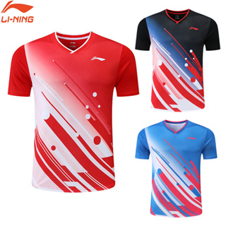 LI NING เสื้อกีฬาปิงปองแขนสั้น ระบายอากาศได้ดี แบบแห้งเร็ว สําหรับผู้ชาย และผู้หญิง