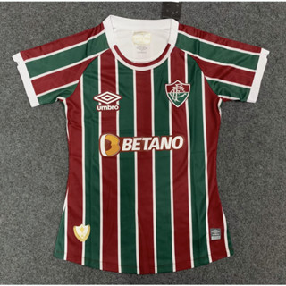 เสื้อกีฬาแขนสั้น ลายทีมชาติฟุตบอลชั้นนํา Fluminense 2023/24 ชุดเหย้า สีเขียว สีแดง สําหรับผู้หญิง