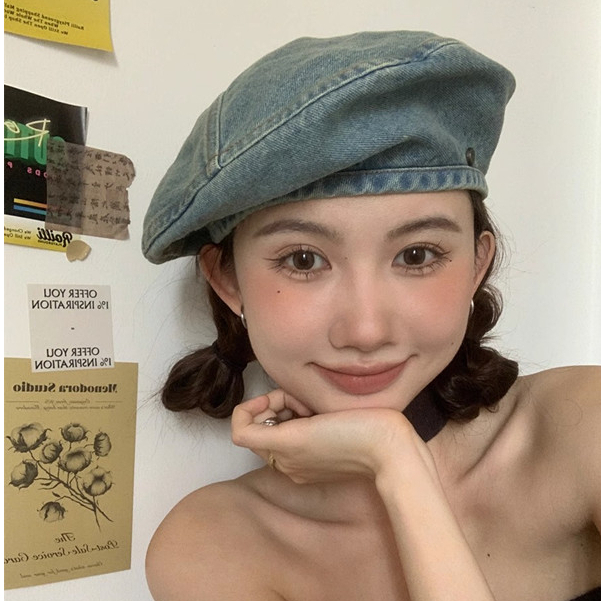 หมวกเบเร่ต์ยีน ทรงกลม ขนาดใหญ่ ลายจิตรกรหน้ากลม สไตล์เรโทร แฟชั่นฤดูใบไม้ผลิ และฤดูร้อน