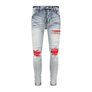 Amiri High Street Fashion Men Jeans Retro Light Blue Buttons Fly Stretch Skinny Ripped Jeans Red Patched Designer Hip Hop Brand Pants