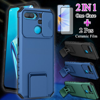 2 IN 1 ผลักหน้าต่าง สําหรับ OPPO F9 F9 Pro A7X เคสโทรศัพท์ ป้องกันกล้อง ขาตั้ง เคสแข็ง กันกระแทก พร้อมหน้าจอเซรามิค โค้งสองชิ้น