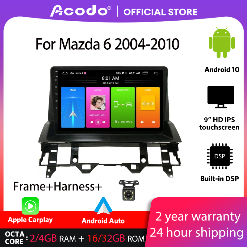 Acodo เครื่องเล่นมัลติมีเดีย วิทยุรถยนต์ 4+32G Android 10.0 สําหรับ Mazda 6 2004-2010 Navigation GPS 2 din