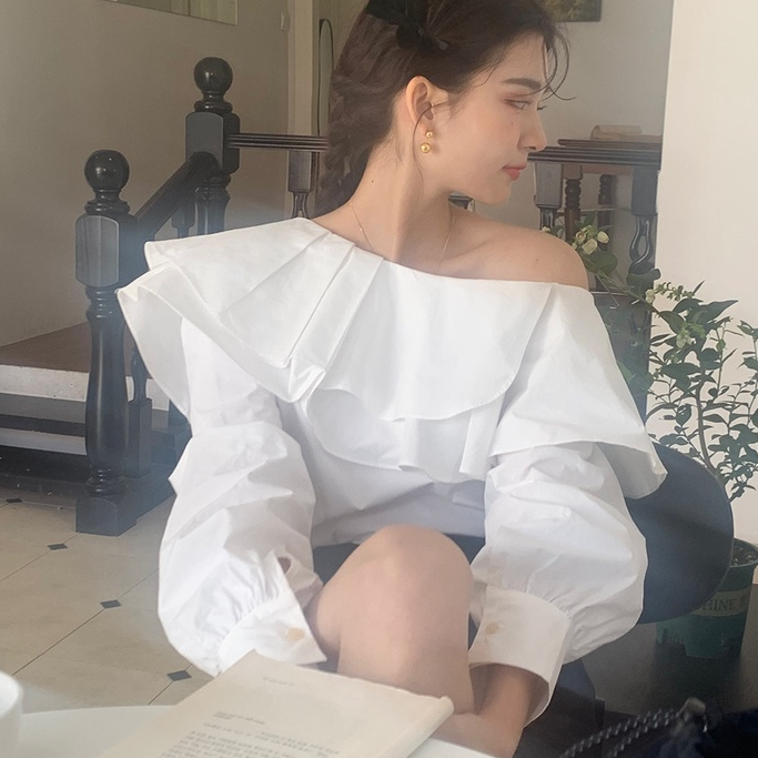 เสื้อเชิ้ตแขนยาว เปิดไหล่ แต่งระบาย สองชั้น ทรงหลวม เข้ากับทุกการแต่งกาย สไตล์ฝรั่งเศส สําหรับผู้หญิง