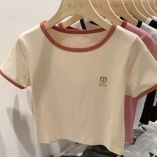 เสื้อยืดแขนสั้น คอกลม ผ้าฝ้ายแท้ ปักลายกระต่าย แฟชั่นฤดูร้อน สําหรับผู้หญิง