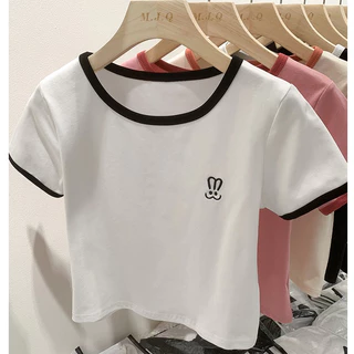 เสื้อยืดแขนสั้น คอกลม ผ้าฝ้ายแท้ ปักลายกระต่าย แฟชั่นฤดูร้อน สําหรับผู้หญิง