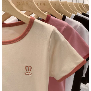 เสื้อยืดแขนสั้น คอกลม ผ้าฝ้ายแท้ ปักลายกระต่าย แฟชั่นฤดูร้อน สําหรับผู้หญิง
