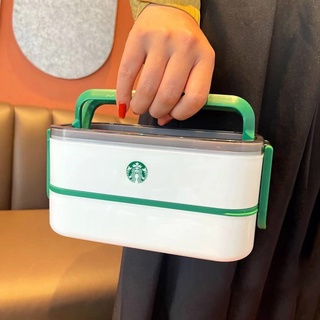 Starbucks กล่องอาหารกลางวัน สเตนเลส 304 สองชั้น มีฉนวนกันความร้อน สีเขียว และสีขาว พร้อมตะเกียบ และช้อน