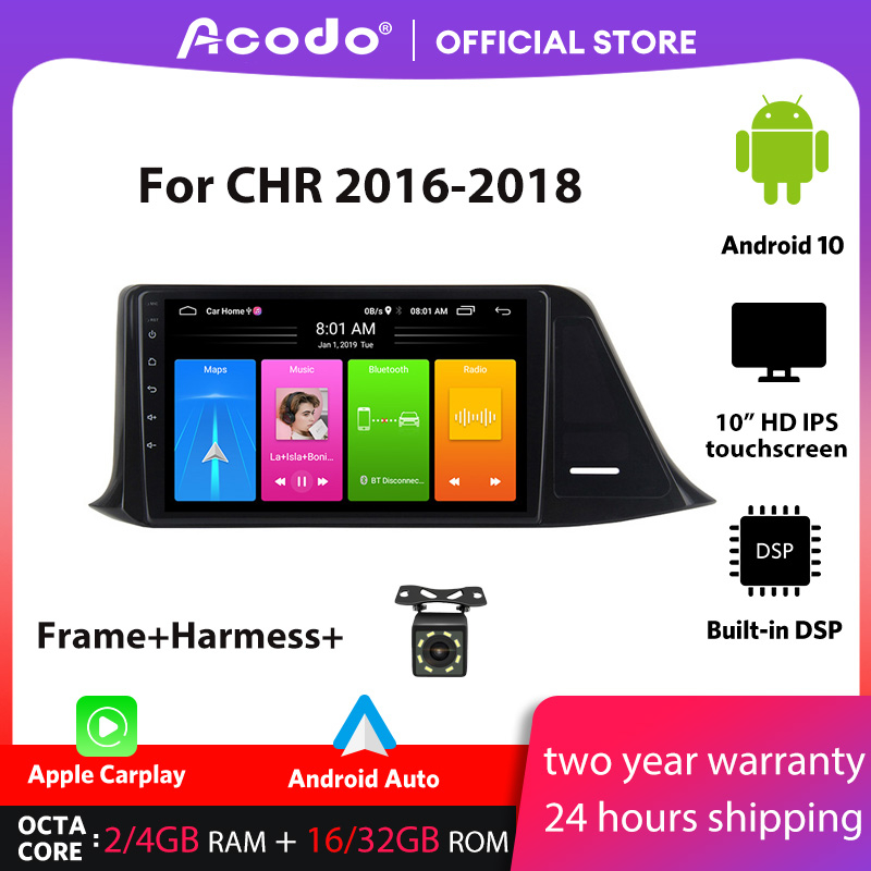 Acodo เครื่องเล่นมัลติมีเดีย วิทยุรถยนต์ 4+32G Android 10.0 สําหรับ Toyota CHR 2016-2018 Navigation GPS 2 din