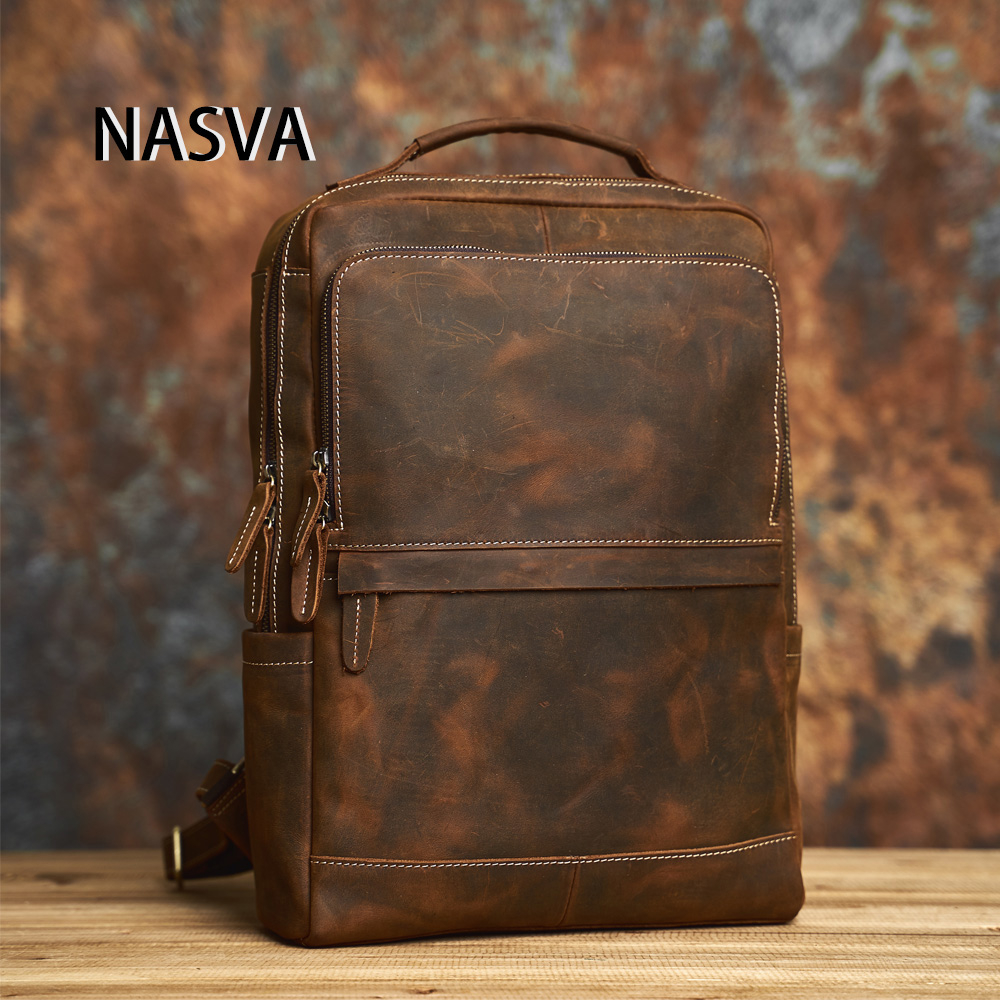 NASVA Original Crazy Horse กระเป๋าเป้สะพายหลังหนัง Retro ของแท้หนังอินเทรนด์ First Layer Cowhide ธุรกิจคอมพิวเตอร์กระเป๋าเดินทางกระเป๋าเป้สะพายหลังกลางแจ้ง