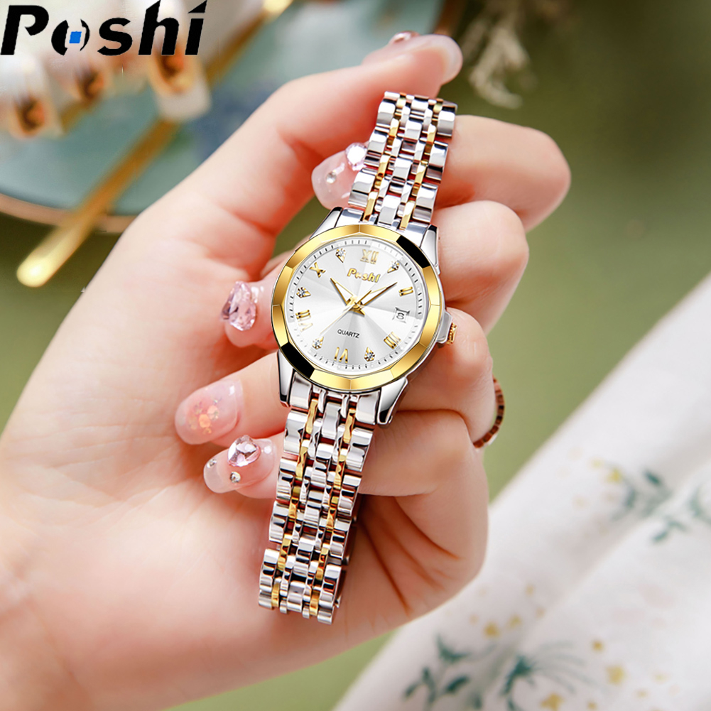 Poshi ของแท้ นาฬิกาข้อมือควอตซ์แฟชั่น กันน้ํา สีทอง หรูหรา สําหรับสตรี