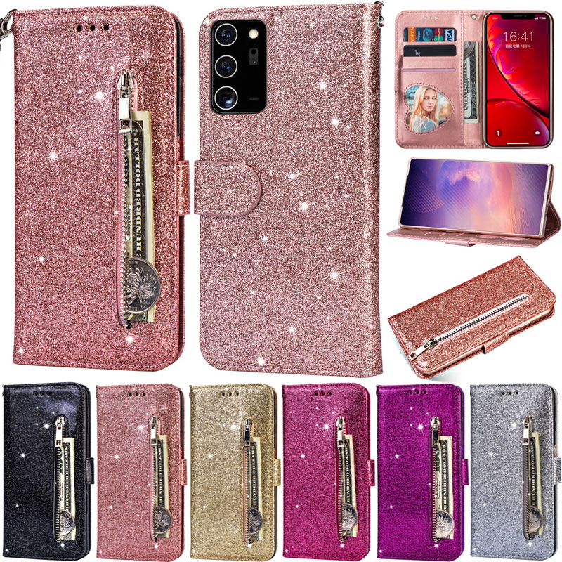 เคสโทรศัพท์มือถือหนัง Pu นิ่ม ฝาพับ แต่งกลิตเตอร์ พร้อมช่องใส่บัตร และขาตั้ง หรูหรา สําหรับ Samsung Galaxy S21+ S20+ S10+ S20 FE 5G S21 Plus S20 Plus S10 Plus S21 Ultra S21 FE 5G