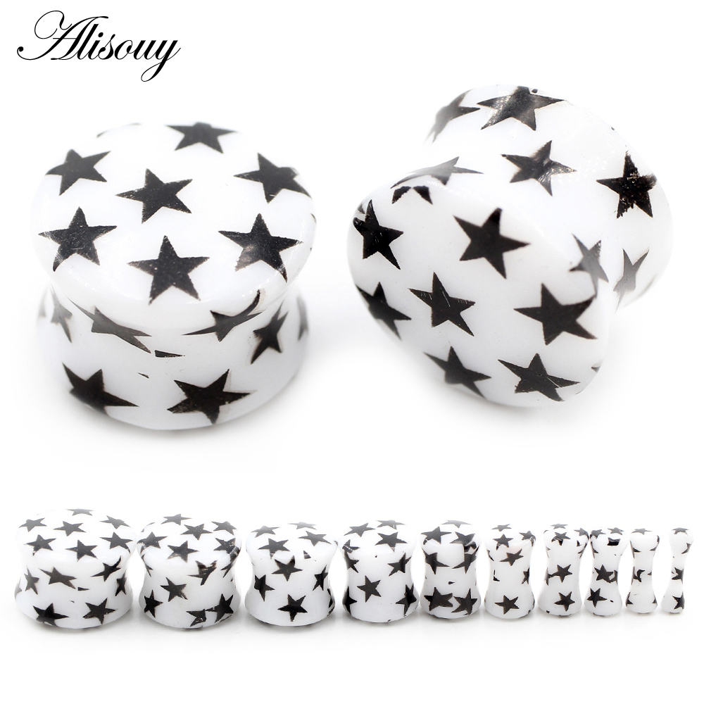 Alisouy 2 ชิ้น พิมพ์ ดาว สีขาว อะคริลิค บาน หู อุโมงค์ ปลั๊ก เนื้อ ยืด ต่างหู ขยาย เจาะ เครื่องประดับร่างกาย
