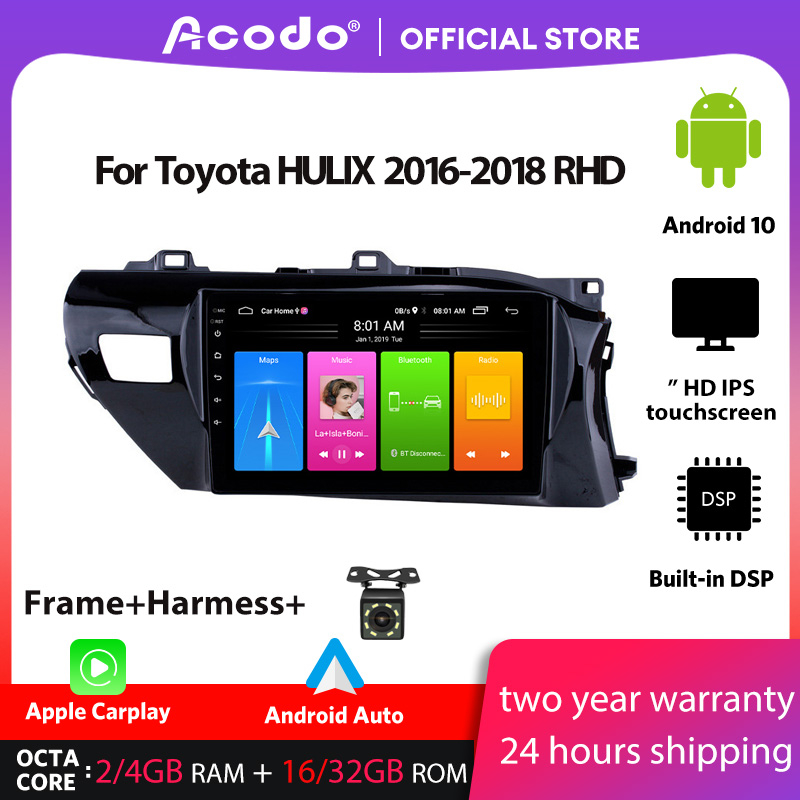 Acodo เครื่องเล่นมัลติมีเดีย วิทยุรถยนต์ 4+32G Android 10.0 สําหรับ Toyota HULIX 2016-2018 Navigation GPS 2 din