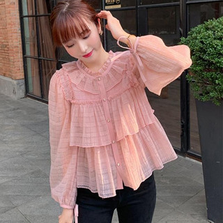 เสื้อเชิ้ตแขนยาว ผ้าชีฟอง สีชมพู สไตล์ฝรั่งเศส สําหรับผู้หญิง