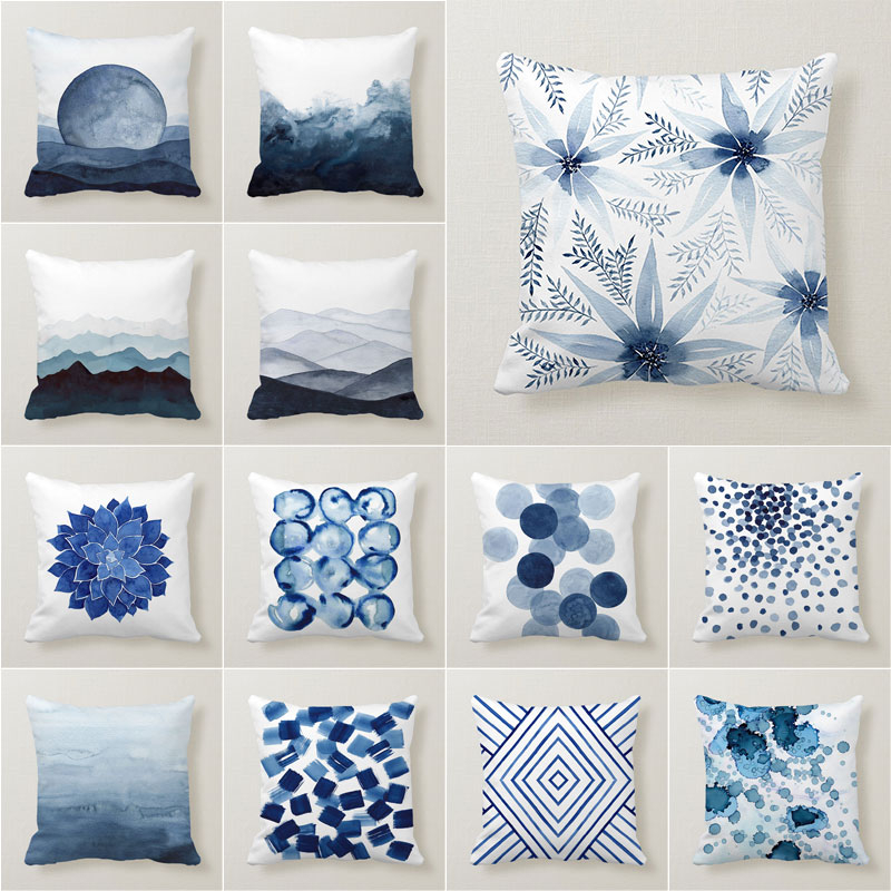 ปลอกหมอน ผ้ากํามะหยี่ขนนิ่ม ลาย Blue Abstract ขนาด 45*45 ซม.