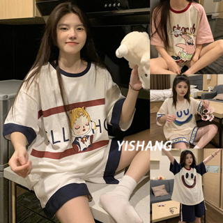 ชุดนอน เสื้อแขนสั้น กางเกงขาสั้น ผ้าฝ้าย ทรงหลวม ลายการ์ตูนวาฟเฟิล น่ารัก สไตล์เกาหลี เรโทร อเมริกัน แฟชั่นฤดูร้อน สําหรับเด็กผู้หญิง แฟนสาว