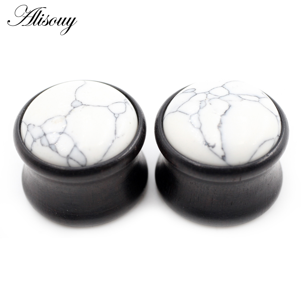 Alisouy 2 ชิ้น ไม้ธรรมชาติ โอปอล หิน บาน อุโมงค์ ที่อุโมงค์ เนื้อ เปล เกจ ต่างหู ขยาย เจาะร่างกาย เครื่องประดับ