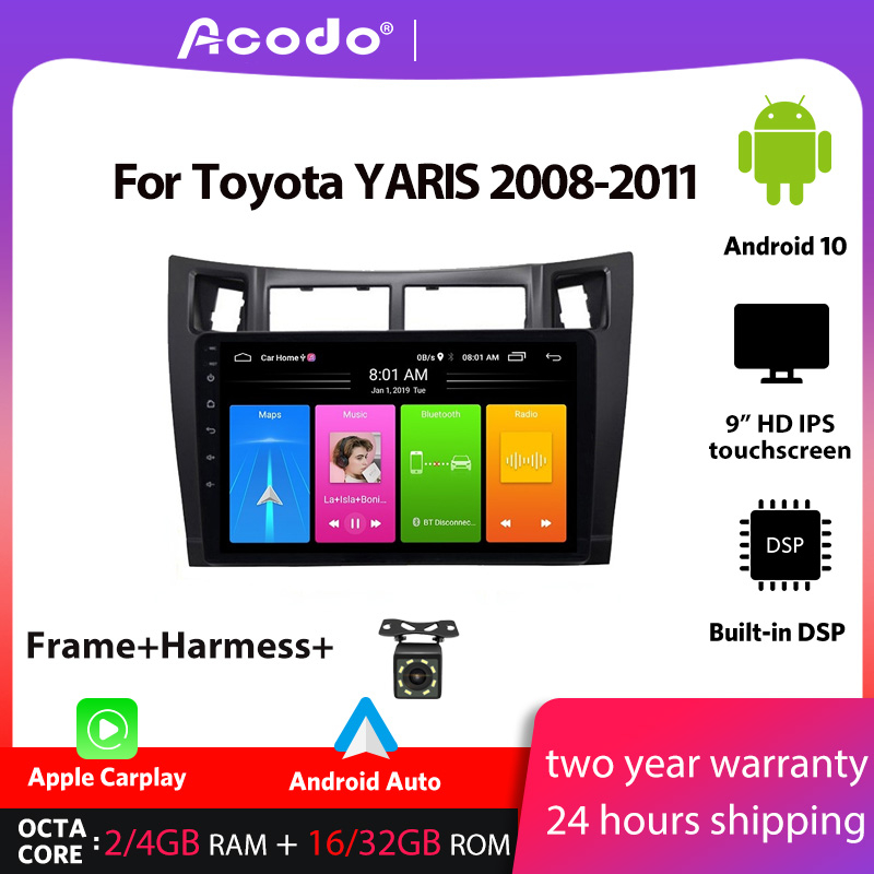 Acodo เครื่องเล่นมัลติมีเดีย วิทยุรถยนต์ 4+32G Android 10.0 สําหรับ Toyota YARIS 2008-2011 Navigation GPS 2 din