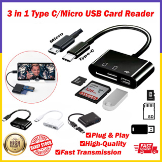 【จัดส่งรวดเร็ว】3 In 1 อะแดปเตอร์การ์ดรีดเดอร์ Type C Micro USB เป็นการ์ดรีดเดอร์ SD OTG USB สายเคเบิล Micro SD TF