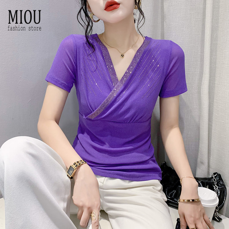 Miou ใหม่ เสื้อยืดแขนสั้น คอวี ผ้าตาข่าย เข้ารูป แฟชั่นฤดูร้อน สําหรับผู้หญิง ไซซ์ 3XL 2023
