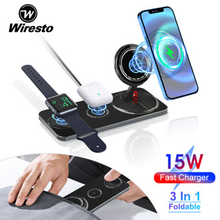 Wiresto 3 in 1 แท่นชาร์จไร้สาย แท่นชาร์จแม่เหล็ก 15W แท่นชาร์จไร้สาย แท่นชาร์จเร็ว สําหรับ iPhone Watches Airpods QI