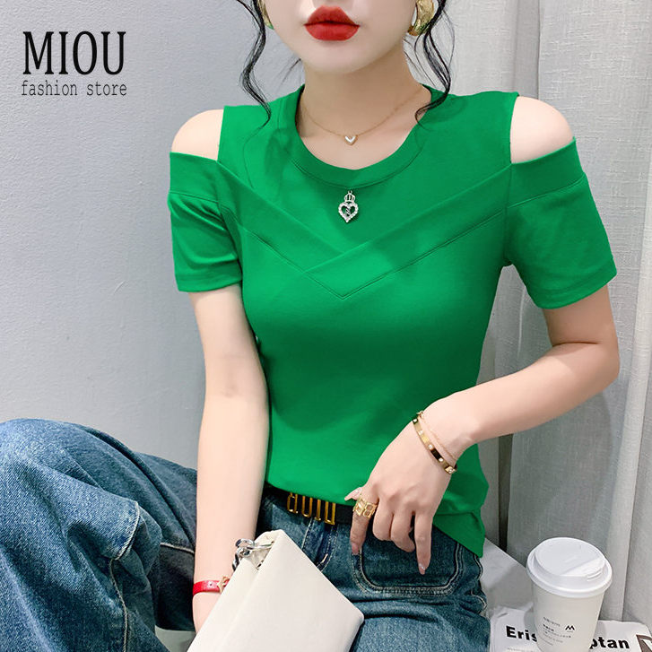 Miou ใหม่ เสื้อยืดลําลอง แขนสั้น คอกลม ผ้าฝ้าย เปิดไหล่ ทรงสลิมฟิต แฟชั่นฤดูร้อน สําหรับสตรี 2023