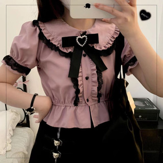 เสื้อเชิ้ตแขนสั้น คอปก แต่งระบาย พิมพ์ลายลูกไม้ ประดับโบว์ สไตล์โลลิต้า สําหรับผู้หญิง