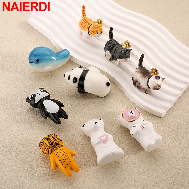 Naierdi ลูกบิดตู้ ลิ้นชัก เซรามิค รูปการ์ตูนสัตว์ สีสันสดใส สําหรับเด็ก