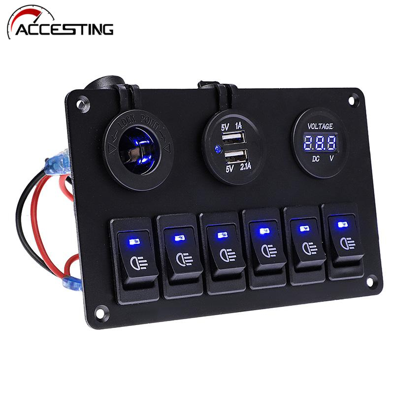 แผงสวิตช์ไฟ LED 6 ช่อง 12V ที่ชาร์จ USB 3.1A โวลต์มิเตอร์ดิจิตอล สวิตช์สลับควบคุม สําหรับรถยนต์ เรือ เรือ เรือแคมเปอร์ เรือทะเล RV