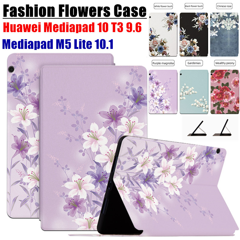 เคสแท็บเล็ต หนัง PU ลายดอกไม้ กันเหงื่อ คุณภาพสูง สําหรับ Huawei Mediapad T3 9.6 M5 Lite 10.1 8.0 MatePad 10.4 Pro 10.8 T1 T8 8.0 นิ้ว