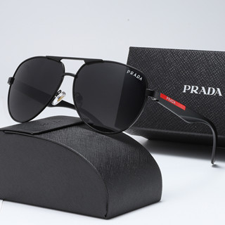 Prada แว่นตากันแดด UV 400 สไตล์วินเทจ หรูหรา สีดํา สําหรับผู้ชาย และผู้หญิง ขับรถ ทุกเพศ