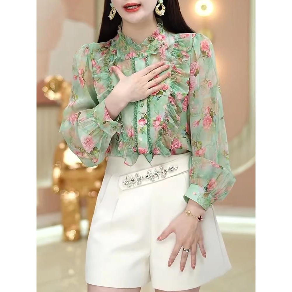 เสื้อเชิ้ตแขนยาว คอสูง ผ้าชีฟอง ลายดอกไม้ ทรงหลวม สไตล์เกาหลี สําหรับผู้หญิง