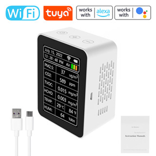 Tuya เครื่องตรวจจับคุณภาพอากาศอัจฉริยะ WiFi PM2.5 CO2 TVOC HCHO อุณหภูมิความชื้น AQI 7 In 1 แสดงวันที่ สัปดาห์ โทรศัพท์มือถือ APP รีโมตดูบ้าน ในร่ม