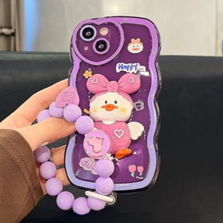 เคสโทรศัพท์มือถือ TPU นิ่ม กันกระแทก ปิดด้านหลัง ลายเป็ดน่ารัก 3D สีม่วง พร้อมสายคล้องมือ สําหรับ เคสไอโฟน11 14 12 13 Pro Max X XR 8 7 Plus