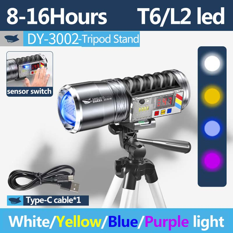 Smilingshark DY3002 ไฟฉาย led สำหรับการตกปลา 1500lm ไฟฉาย Super Bright สีเหลืองสีน้ำเงินแสงสีม่วง Type-C ชาร์จใหม่ได้ Zoomable สำหรับการตกปลาทะเลกลางแจ้งการทำงาน
