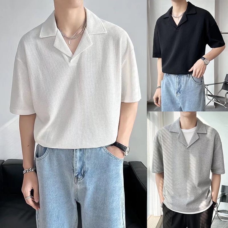แฟชั่นผู้ชาย เสื้อโปโลแขนสั้น พอดีหลวม ใส่สบาย สไตล์เกาหลี เสื้อโปโลแขนสั้นลําลอง วาฟเฟิล สีธรรมดา เสื้อเชิ้ตแขนสั้น oversize เข้ากับทุกการแต่งกาย