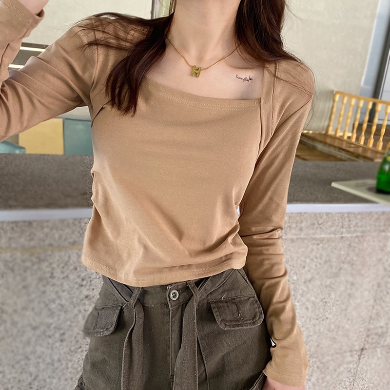 ข ฤดูใบไม้ร่วง/ฤดูหนาวผู้หญิงคอสี่เหลี่ยมแขนยาวเสื้อยืด บาง ผ้าฝ้ายภายใน