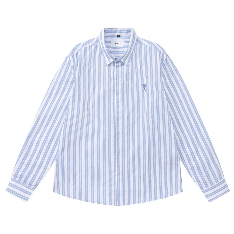 เสื้อเชิ้ตแขนยาว คอปกโปโล ปักลายหัวใจ สีฟ้า สําหรับผู้ชาย และผู้หญิง