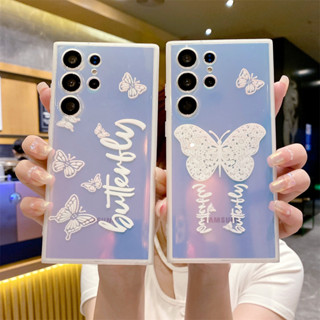 แฟชั่น แวววาว ผีเสื้อ ซองโทรศัพท์ Samsung Galaxy S23 Ultra S23 Plus S23 S22 Ultra S22 Plus S22 S21Ultra S21Plus S21+ Case เคสโทรศัพท์ใหม่ แผ่นอะคริลิคฝาหลังแข็ง ขอบซิลิโคนอ่อนขอบป้องกันการตก เคสมือถือซัมซุง