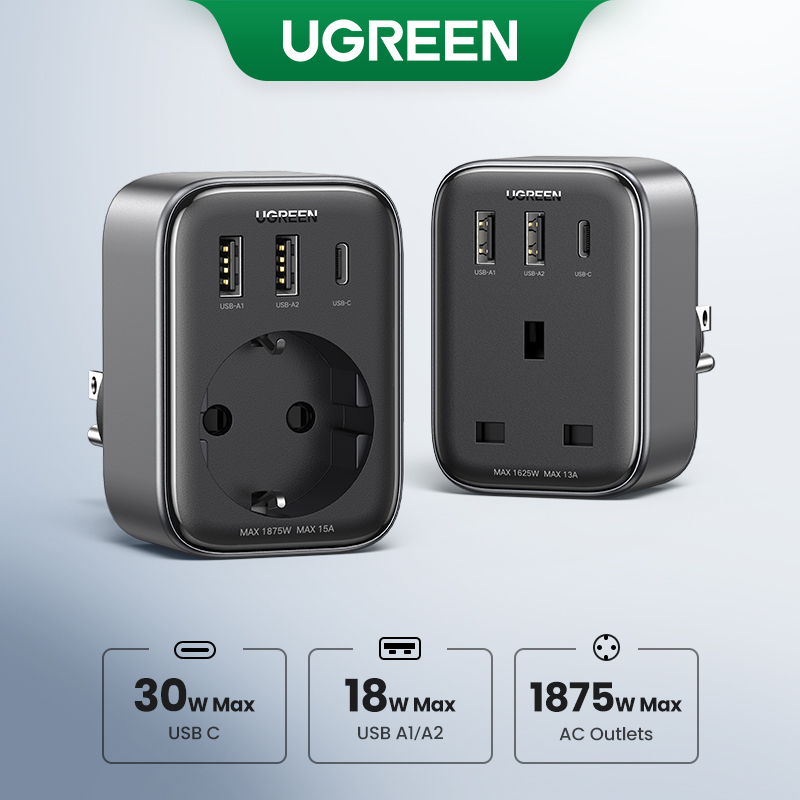 Ugreen อะแดปเตอร์เต้าเสียบ GaN 4 in 1 PD 30W 2 USB A และ 1Type c พอร์ต & 1 DC พอร์ตขยาย สําหรับโทรศั