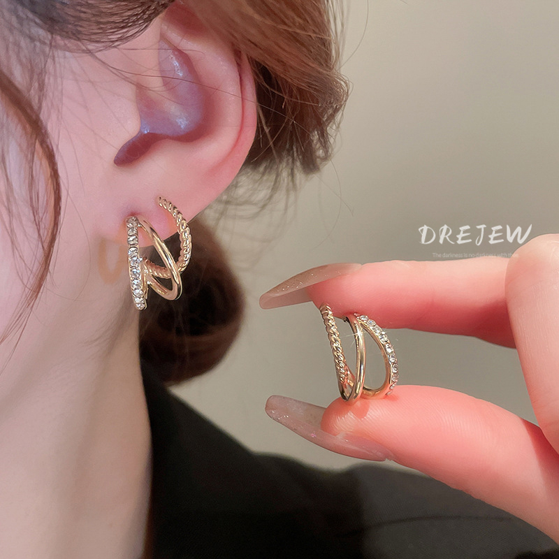 DREJEW ต่างหูเข็มเงิน 925 ประดับเพชร หลายชั้น ทอง 18K เรียบง่าย ไฮเอนด์ กันแพ้ แฟชั่น